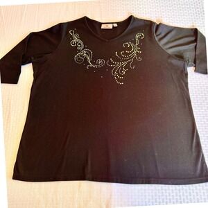 Quacker Factory Black Rhinestone Embellished V-Neck Top 2X 3/4 Sleeve Sparkly